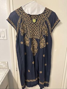 Roller Rabbit Embroidered Navy and Gold Women’s Dress Medium